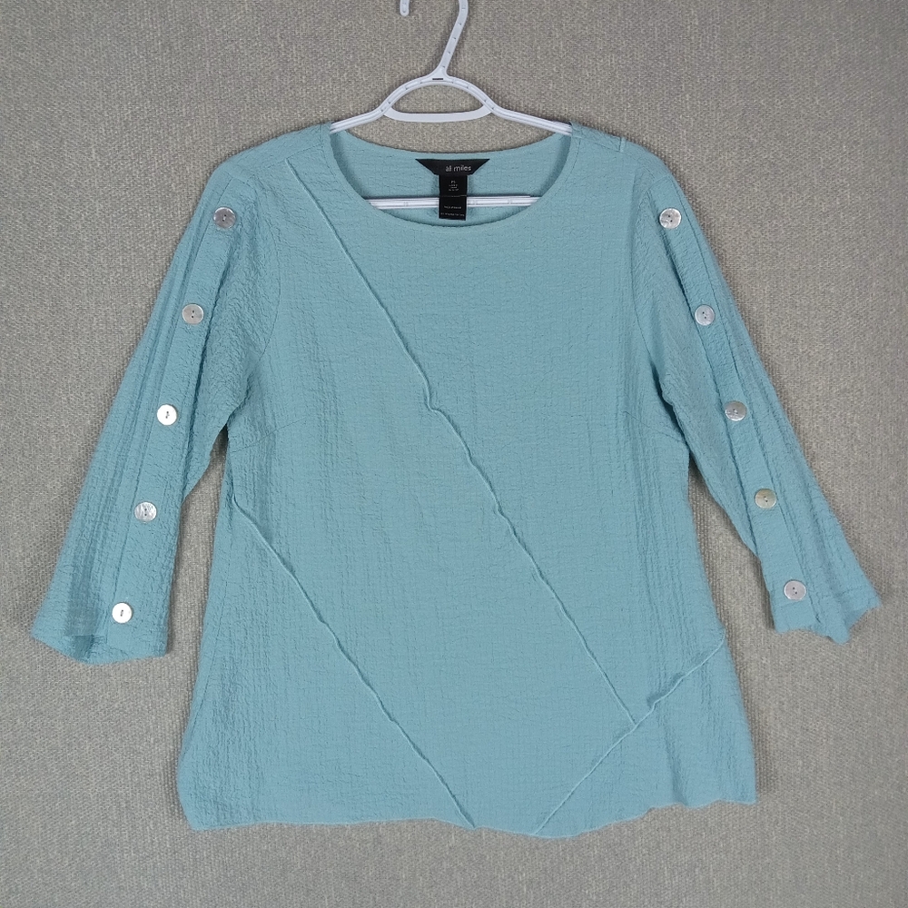 Ali Miles Tunic Top Size Petite Small Light Aqua Gauzy Scoop Neck 3/4 Sleeve